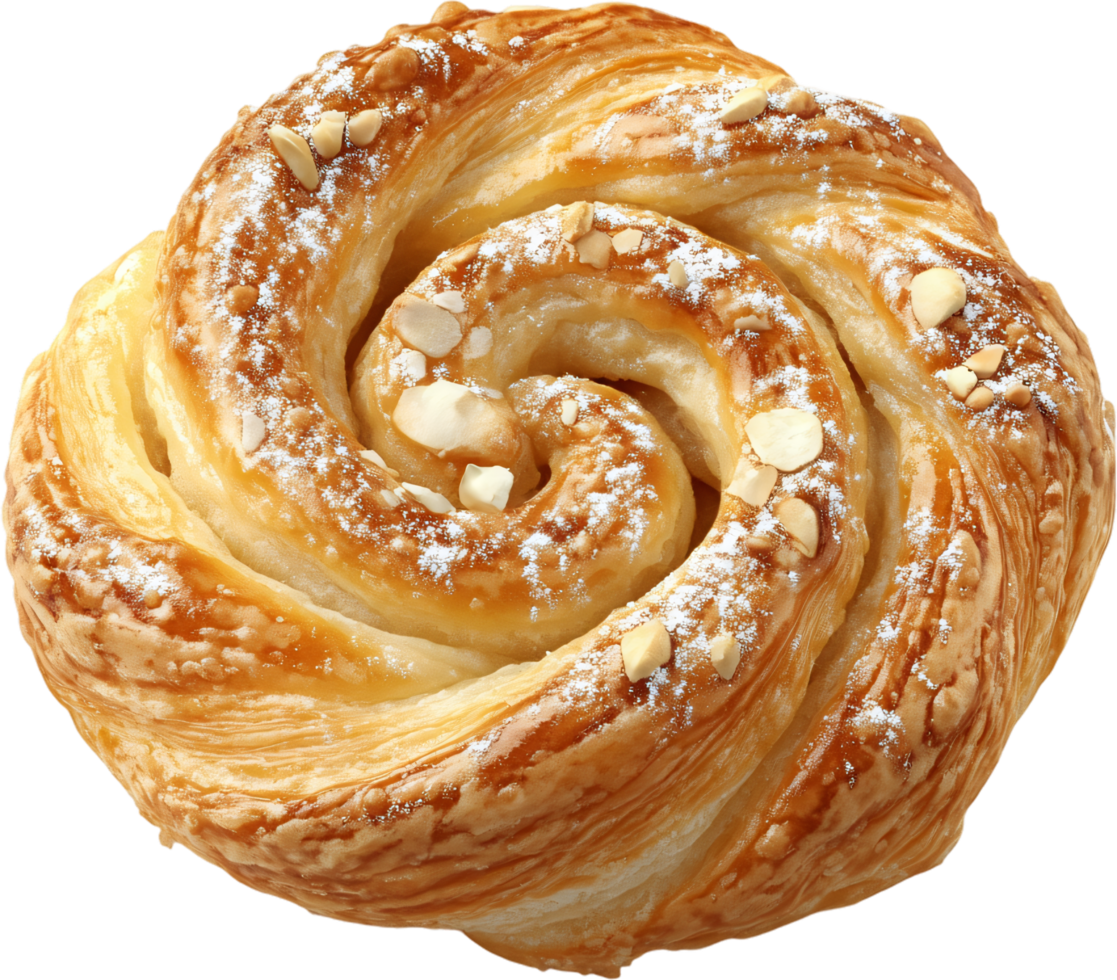 Golden, flaky swirl pastry with powdered sugar, almonds. A tempting treat. Perfect for breakfast or a snack. Delicious dessert and bakery item. png