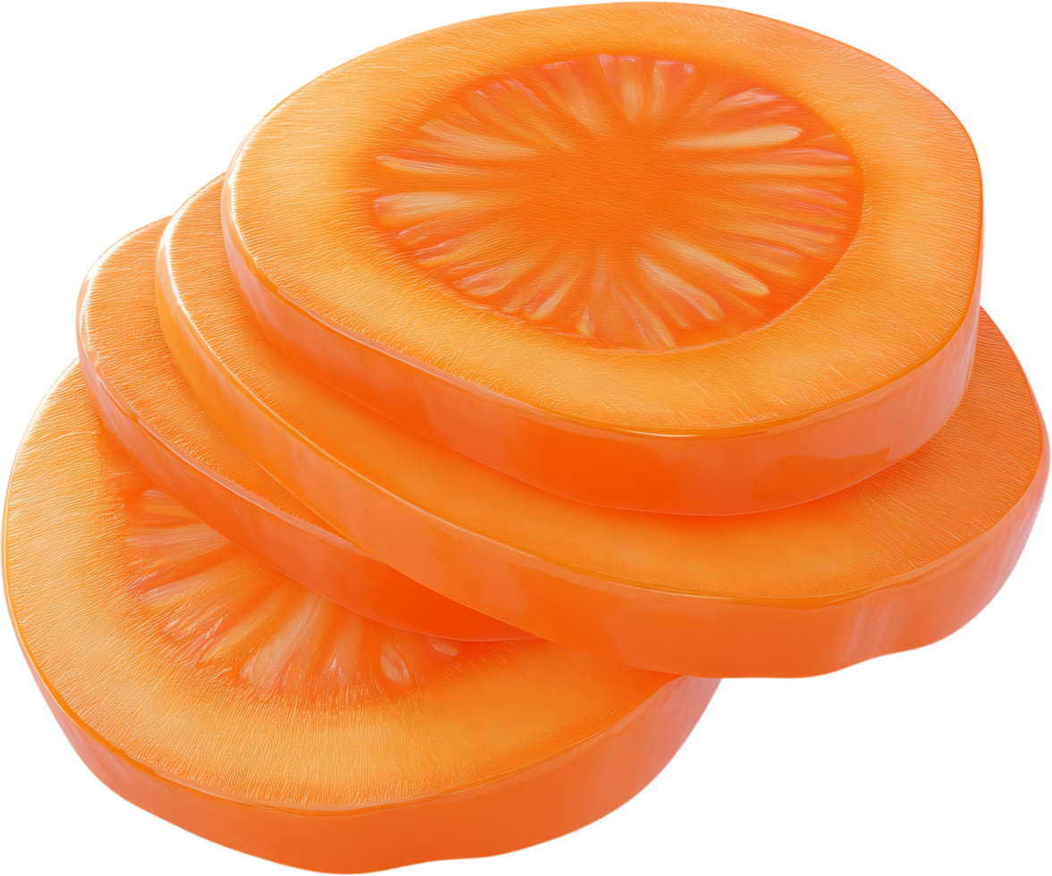 Stack of three bright orange carrot slices, showing their circular shape and detailed internal structure on a plain black background. png