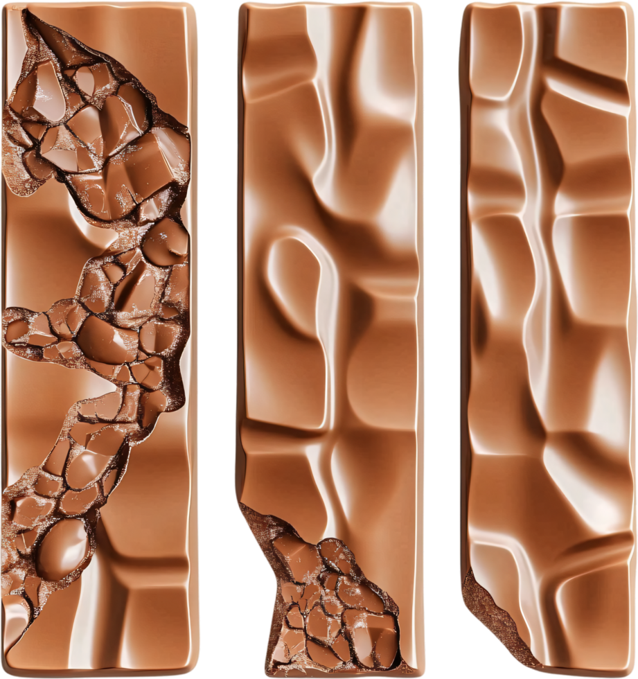 Artistic chocolate bars showcase a textured surface and filled sections. The image offers a detailed, appetizing view of the confectionery. png