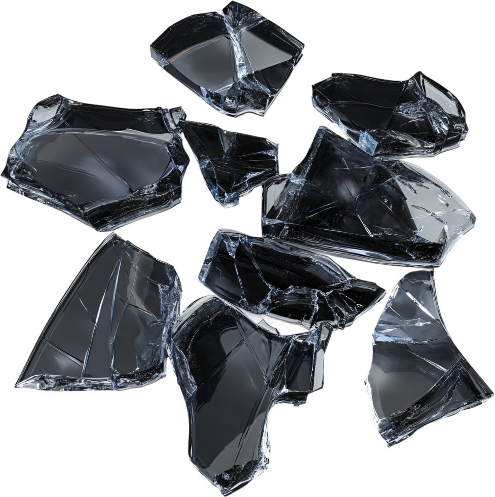 Shattered glass shards suspended against a black background, creating a dynamic and abstract composition of light and texture. png