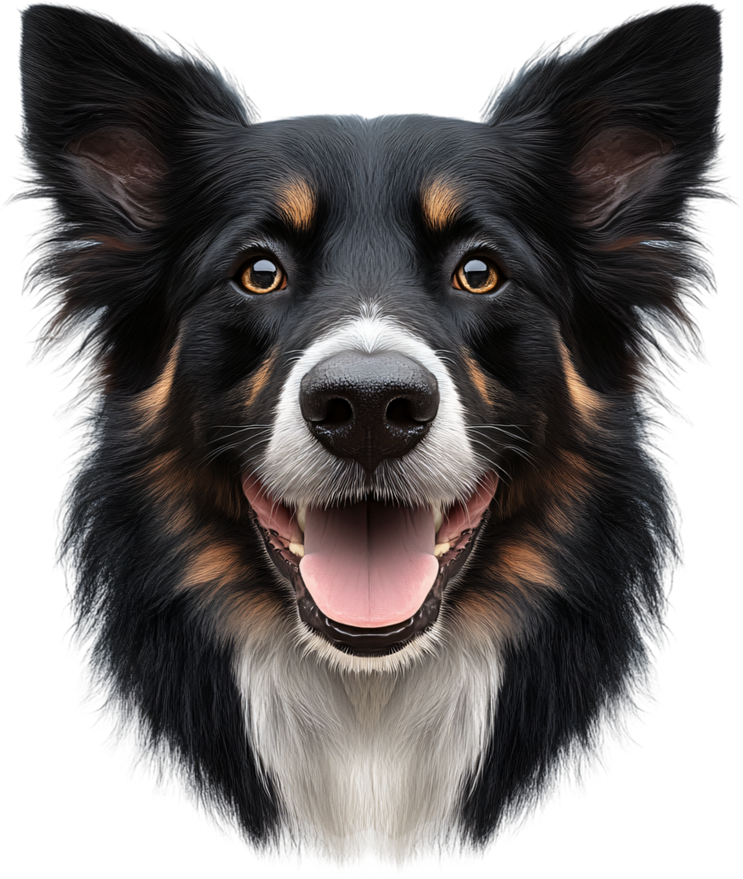 Portrait of an alert and happy Border Collie with its mouth open. The image shows the dog's facial features and bright expression. png