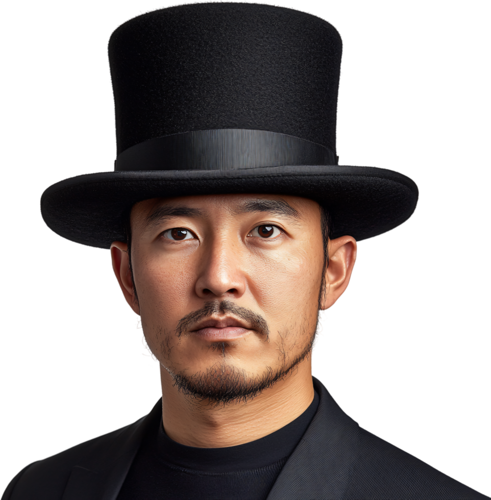 Portrait of a person with a top hat. The subject has an introspective gaze and wears a black suit and decorative earrings. png
