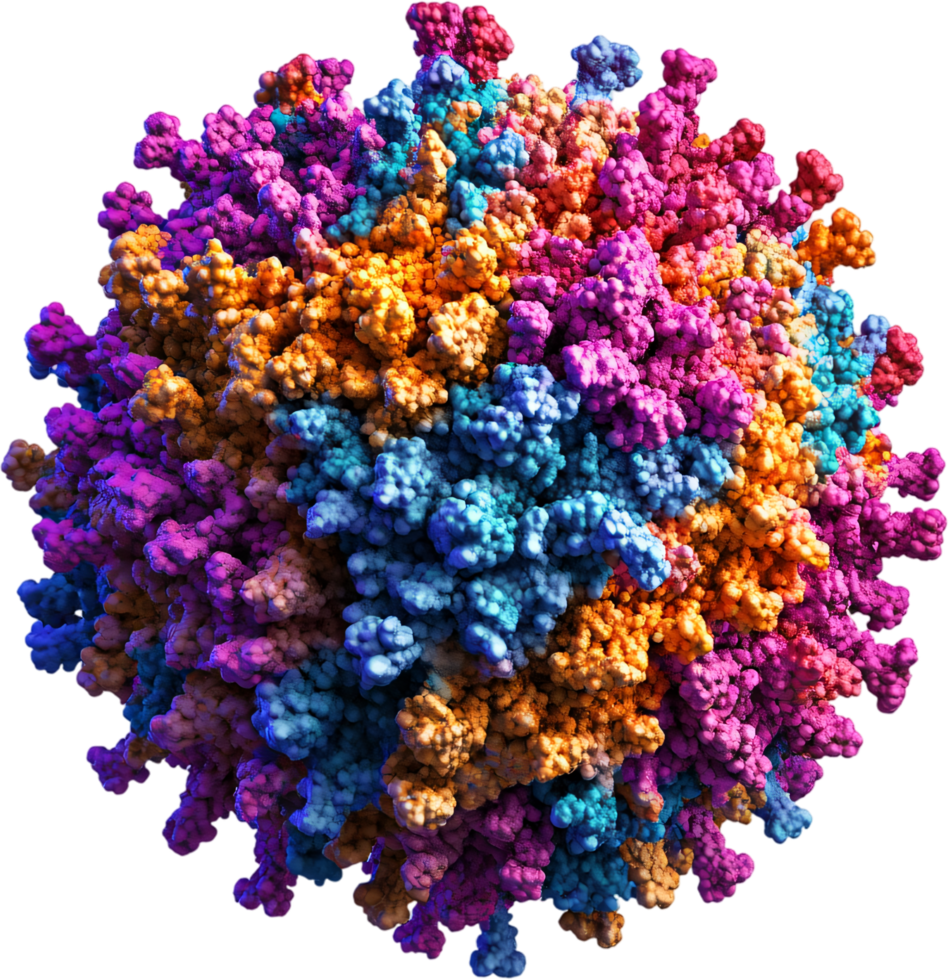 Microscopic view of a colorful complex molecular structure featuring intricate arrangements of proteins, atoms, or chemical molecules. png