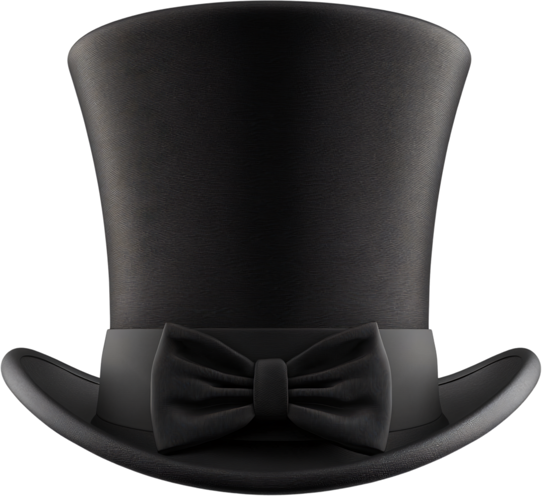 Elegant Black Top Hat A timeless symbol of sophistication, adorned with a matching bow, perfect for formal occasions and a vintage look. png