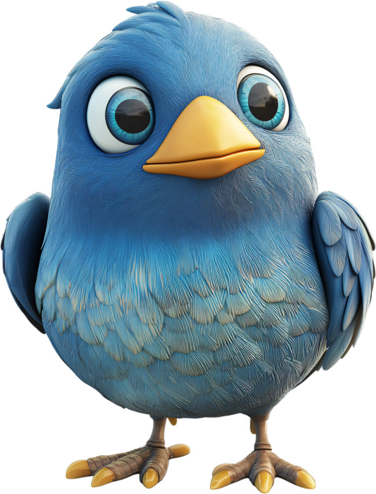 A charming cartoon bird with blue feathers and big, expressive eyes, set against a neutral backdrop. This is a lovely digital bird image. png