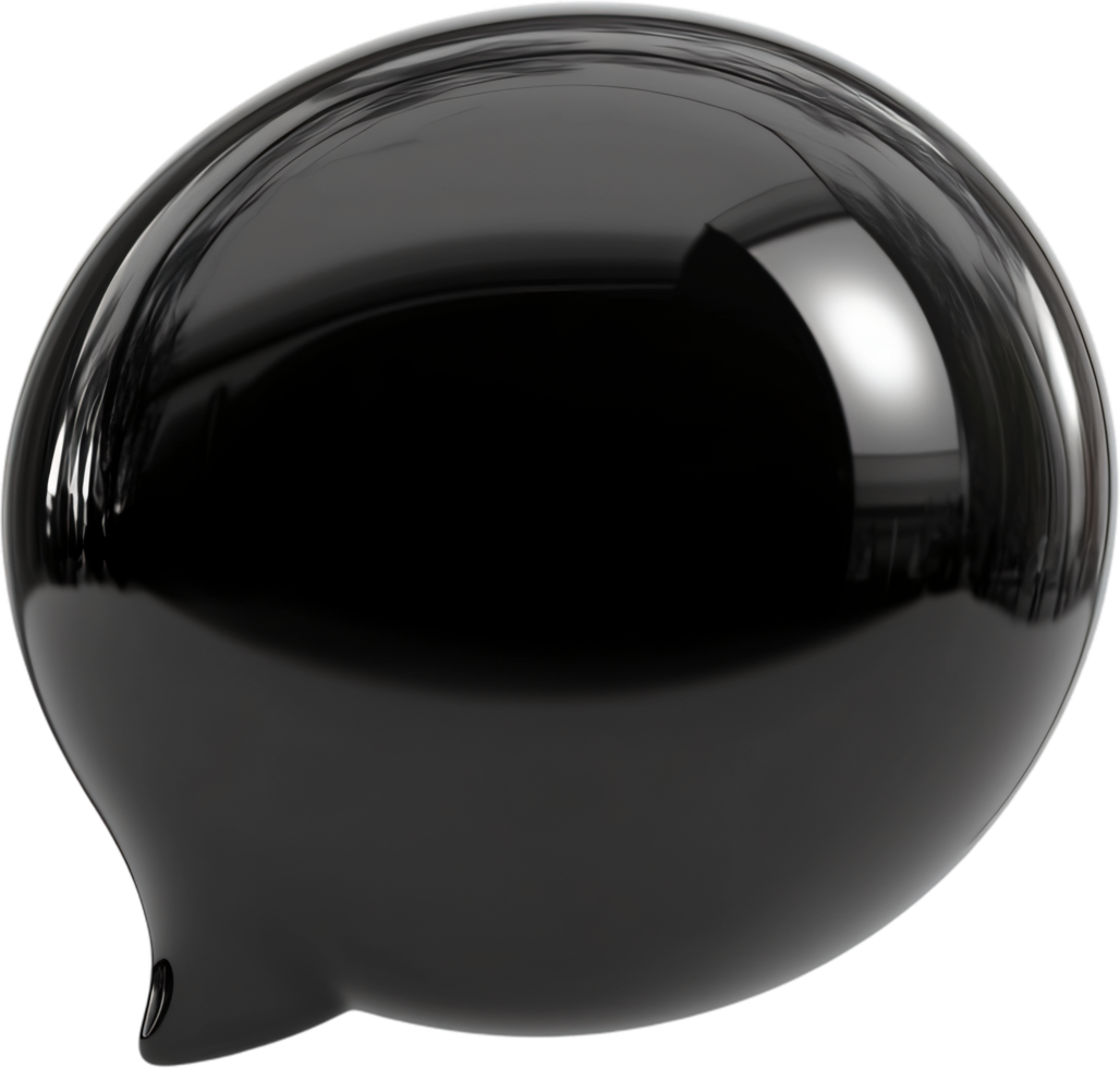 A polished black speech bubble stands against a stark background, its reflective surface capturing light and shadow, creating an eye-catching visual. png