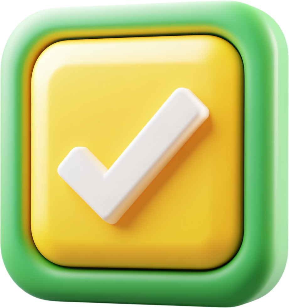 A 3D render of a green bordered yellow square with a white check mark. It could represent completion, approval, or acceptance. png