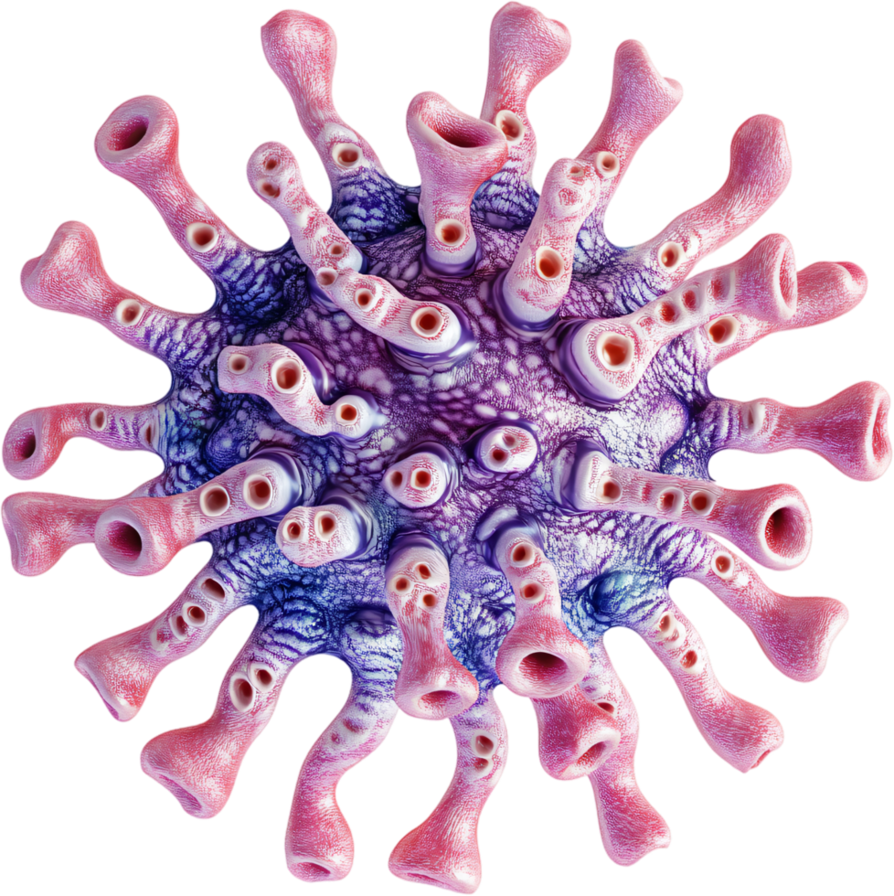 Microscopic view shows intricate structure of organism with pink protrusions and detailed patterns, emphasizing biological complexity. png