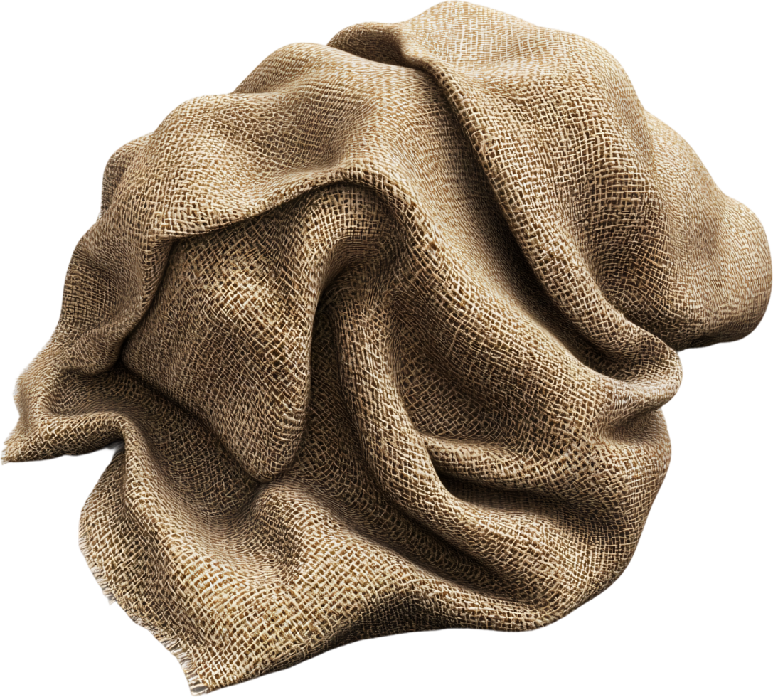 A textured image featuring a pile of burlap fabric, showcasing its coarse weave and warm, neutral tones against a dark background. png