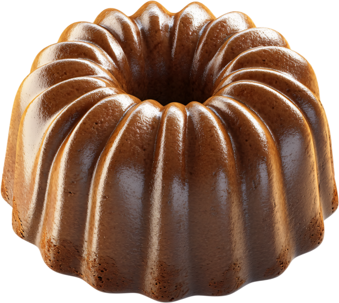 A beautiful, golden-brown cake sits ready for eating. The ring-shaped treat makes a perfect centerpiece for any dessert table. png