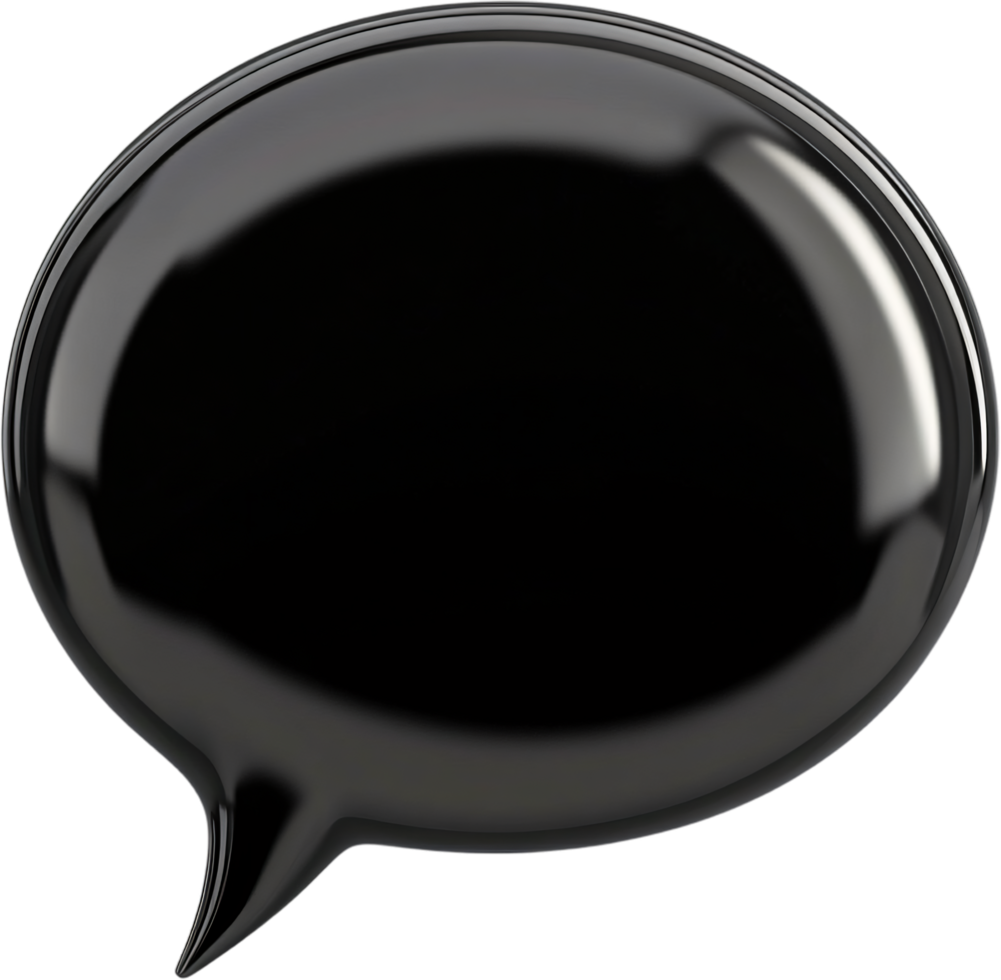 Glossy black speech bubble icon, ideal for conversation, messages, and thoughts, rendered against a solid black background. png