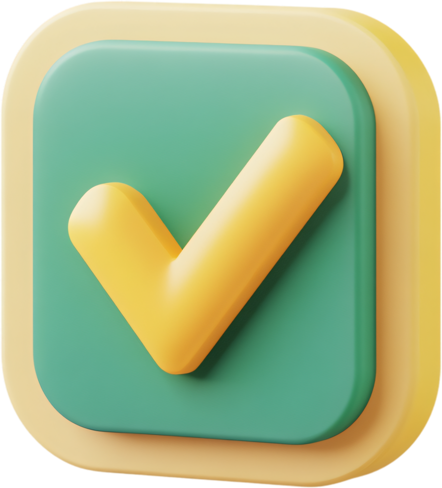 A 3D rendering of a yellow checkmark inside a square, layered with colors. Represents completion, confirmation, or a positive response. png