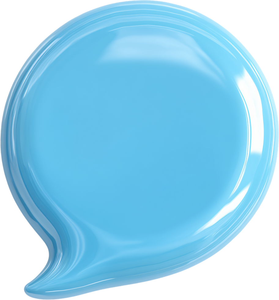 A shiny, light blue speech bubble with a smooth, glossy finish, isolated against a dark background. The shape suggests conversation or thought. png