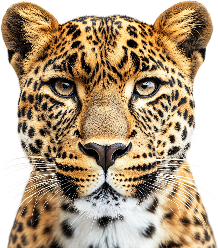 A close-up of a leopard's face shows off its distinctive black spots against a golden coat, displaying its wild beauty. png