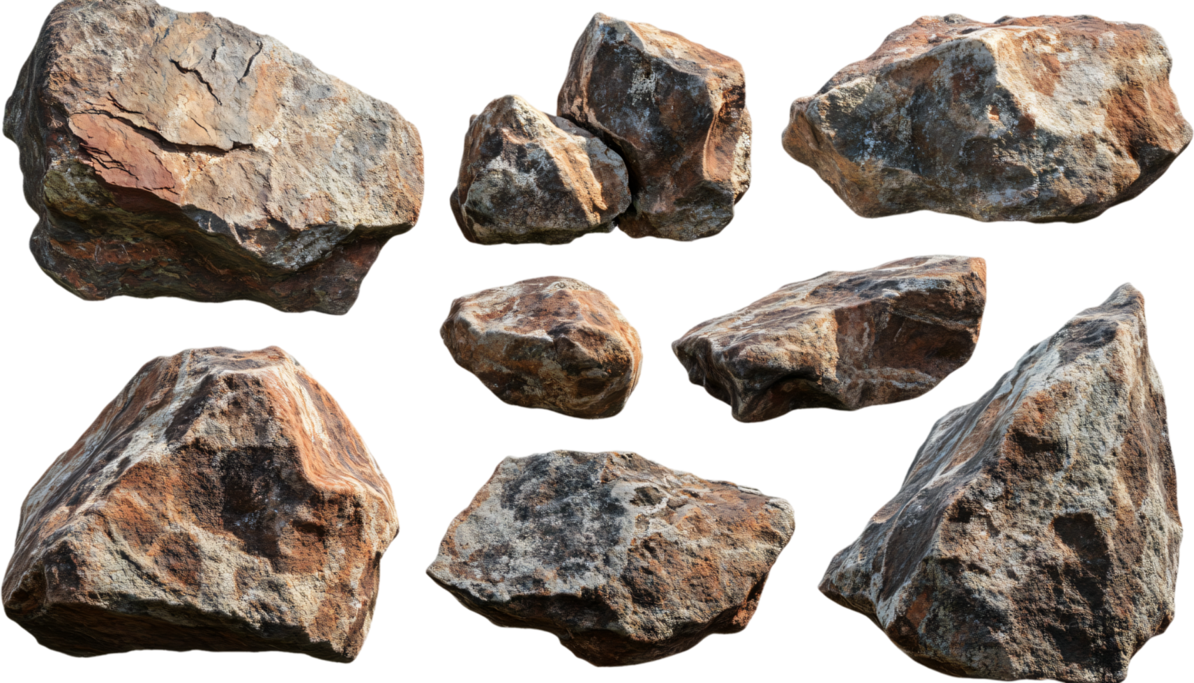 A collection of natural boulders featuring a variety of shapes, sizes, and earthy tones. They create a rough, textured appearance. png