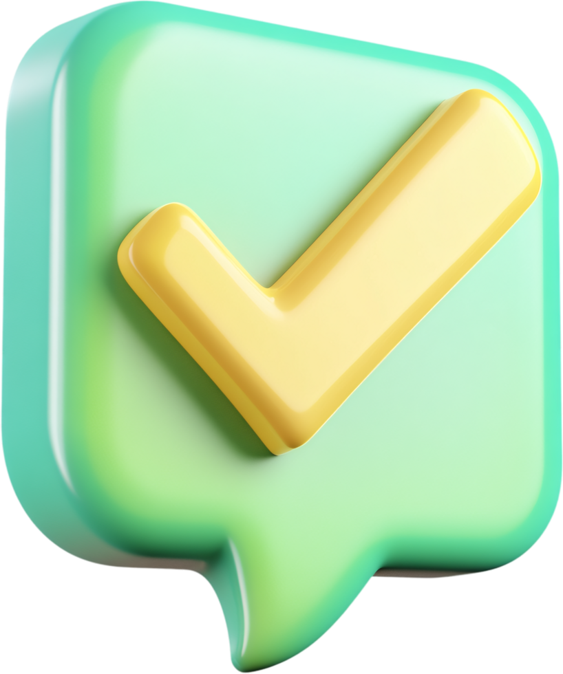Checkmark in Speech Bubble. Represents confirmation, completion, or positive validation within communication or messaging contexts. Light background. png