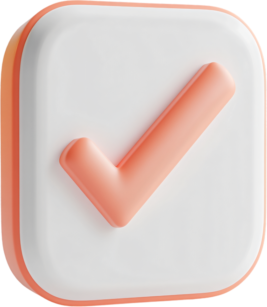 The image shows a 3D-rendered check mark inside a square. The check mark is salmon colored, and the square is white with a salmon border. png