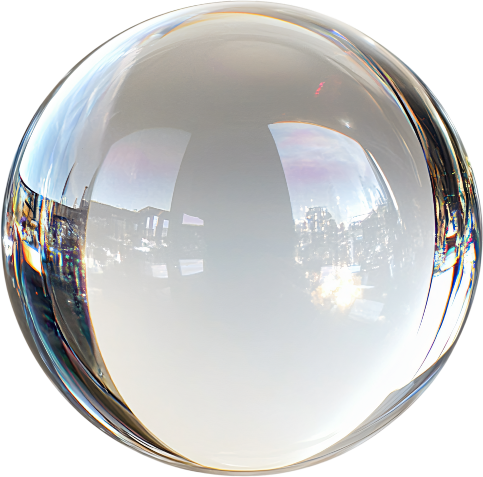 A crystal ball showing a distorted reflection of buildings and a sunlit sky, creating a surreal and mesmerizing optical effect. png