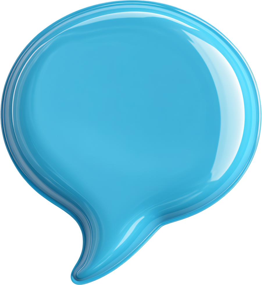 A glossy light blue speech bubble, shaped like a rounded droplet, glistens against a stark black background, perfect for digital communication. png