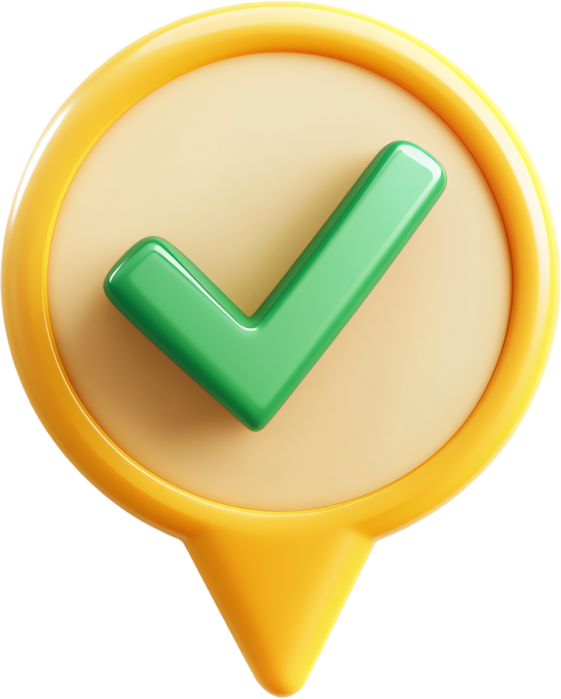 3D map pin icon with green check mark center on light brown base, surrounded by yellow border, isolated on black background, symbolizing approval png