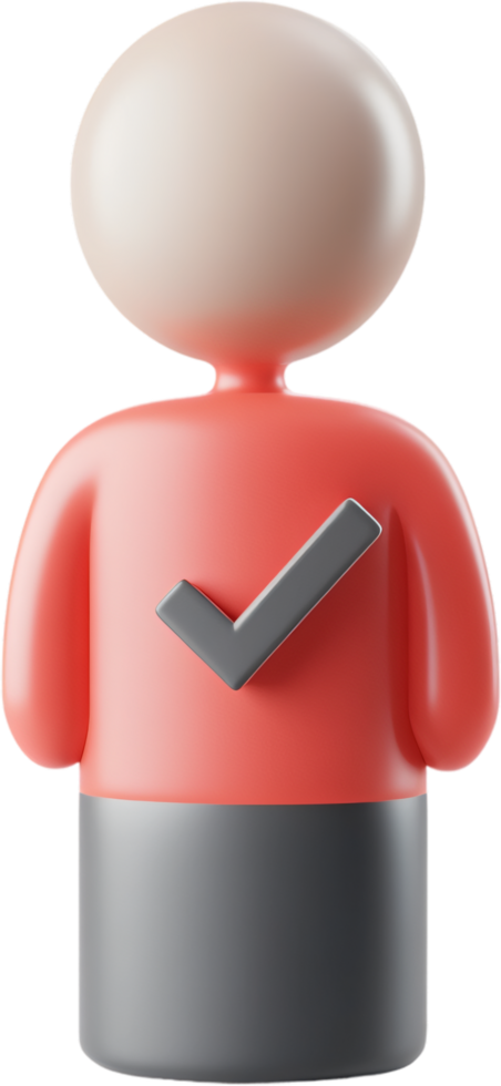A stylized 3D rendering of a figure with a check mark, representing completion, approval, or a positive outcome. Isolated background. png