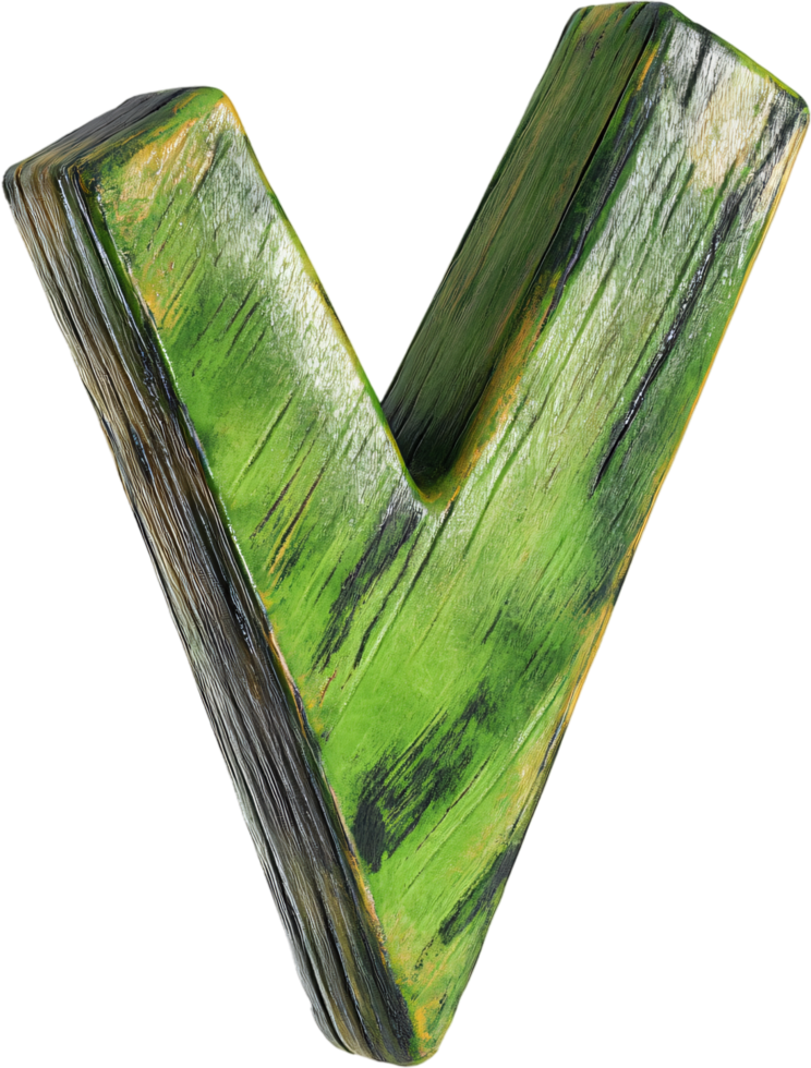 Wooden letter V, vibrant green with textured surface, casting a soft shadow against a black backdrop, perfect for design projects. png