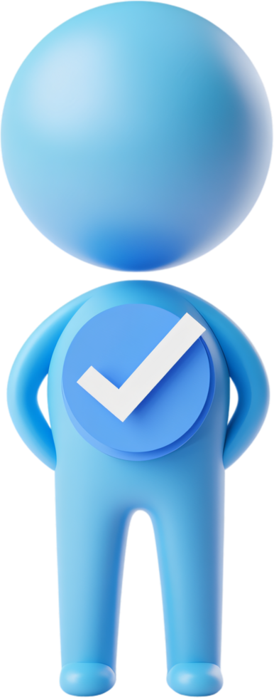 A light blue figure stands against a black backdrop, sporting a white checkmark on a blue circle affixed to its chest. 3D render. png