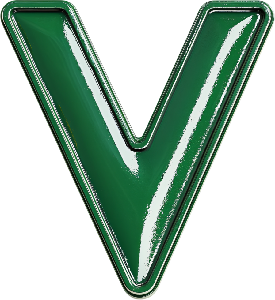 Emerald enamel letter V with reflective surface, highlighted with a silver border, set on a sleek black background png