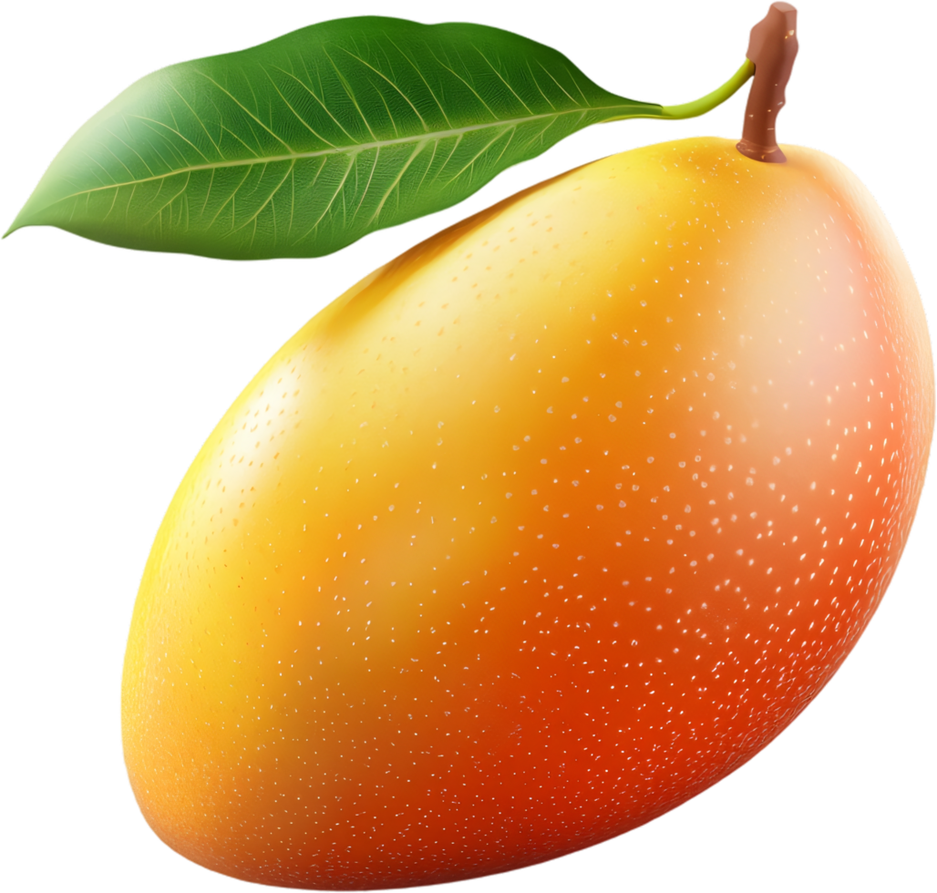 A vibrant, ripe mango with a smooth gradient from yellow to orange, complemented by a green leaf, against a stark black background. png