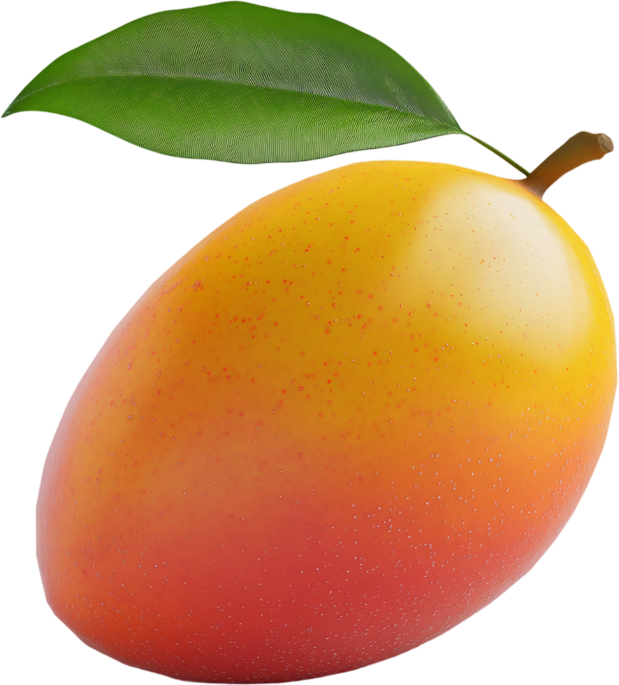 Vibrant and fresh, this mango's radiant colors and lush leaf offer a delicious peek into tropical fruit perfection on a black backdrop. png