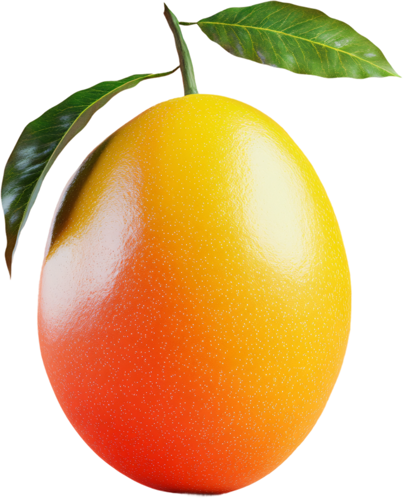 Vibrant fruit featuring a smooth, gradient skin, transitioning from red to yellow, complemented by green leaves and a stem against black backdrop. png