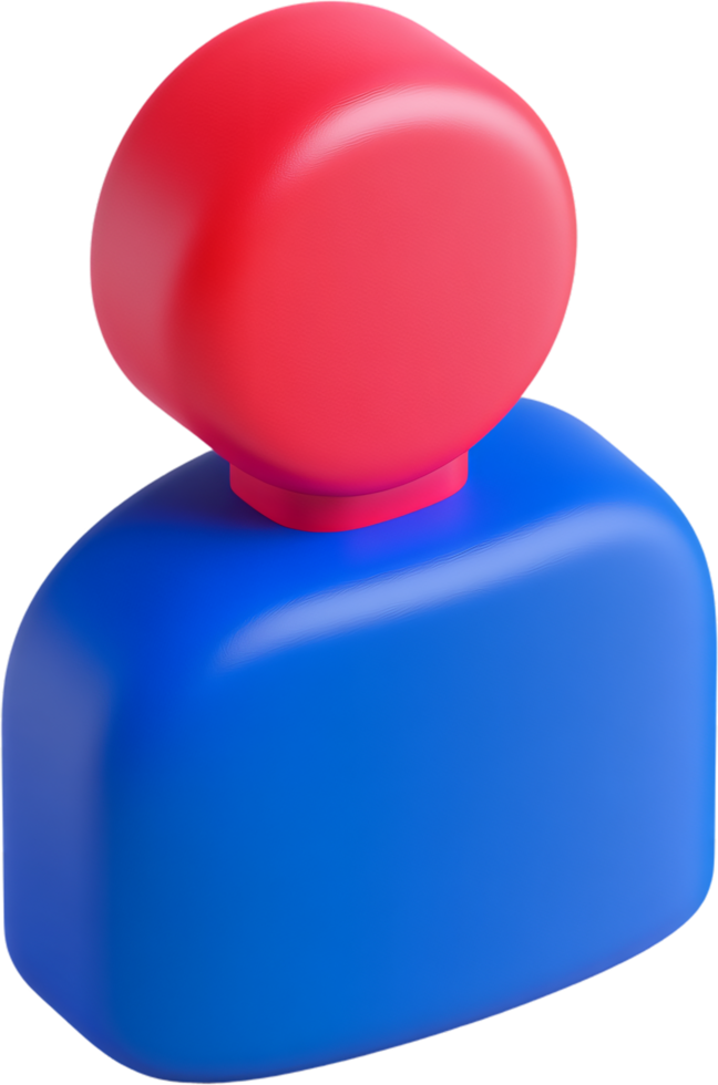 A simple 3D render of a blue stylized figure with a red head, commonly used to represent a profile or user icon in a digital space. png