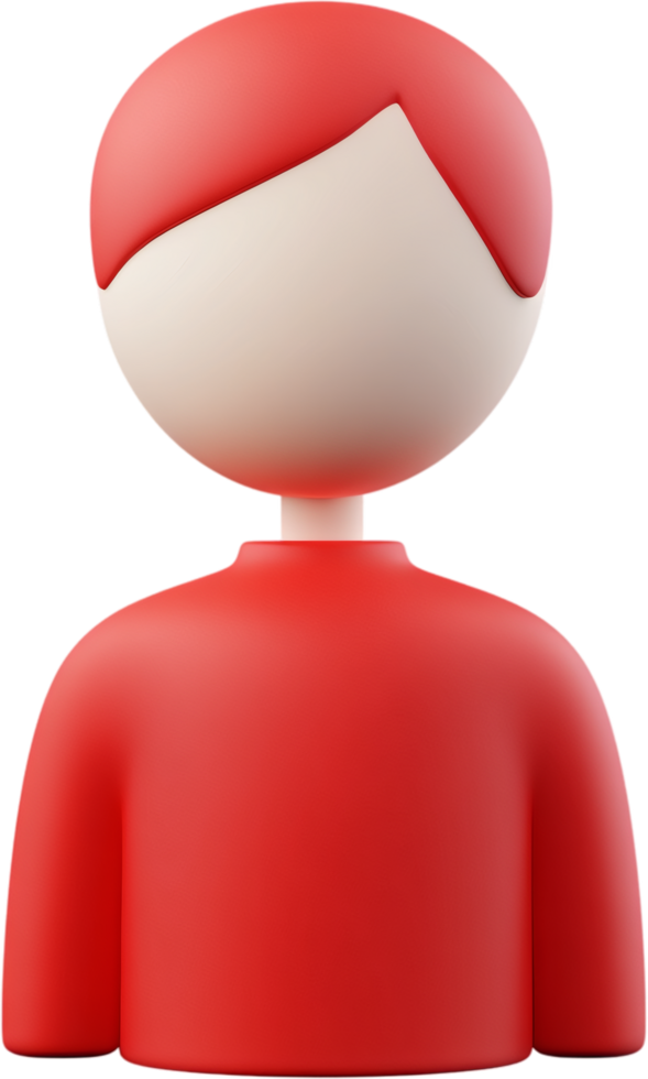 A stylized 3D rendering of an anonymous figure with a red sweater and matching hair, set against a stark black backdrop. png