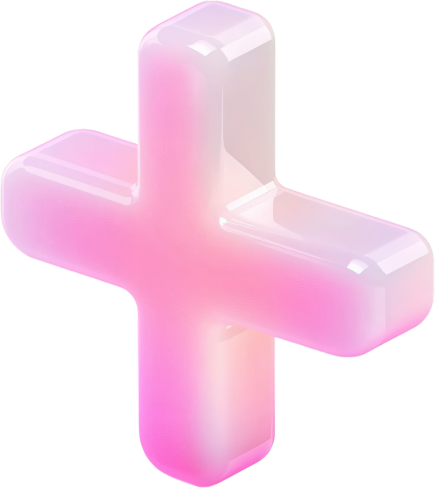 A 3D rendered plus sign with a pink to white gradient, rounded edges and a glossy finish, set against a stark black background. png