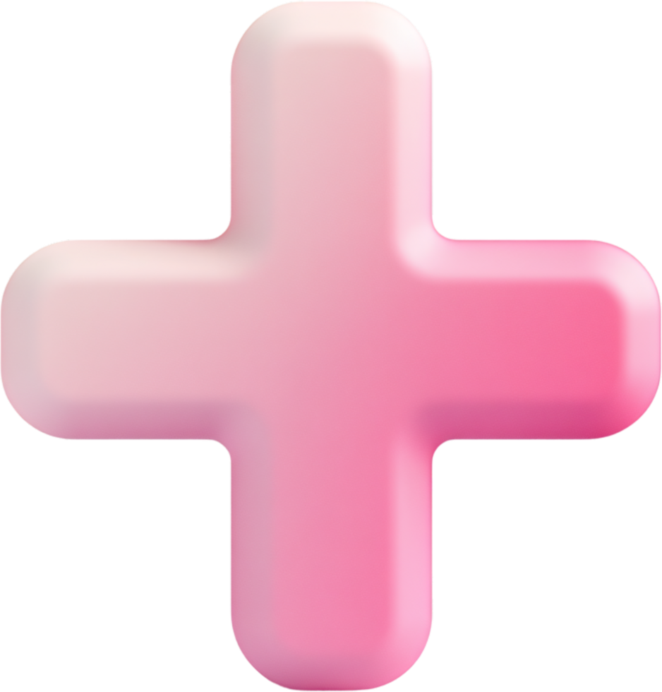 A pink 3D plus sign with rounded edges, rendered against a black background, evokes feelings of positivity and digital design. png