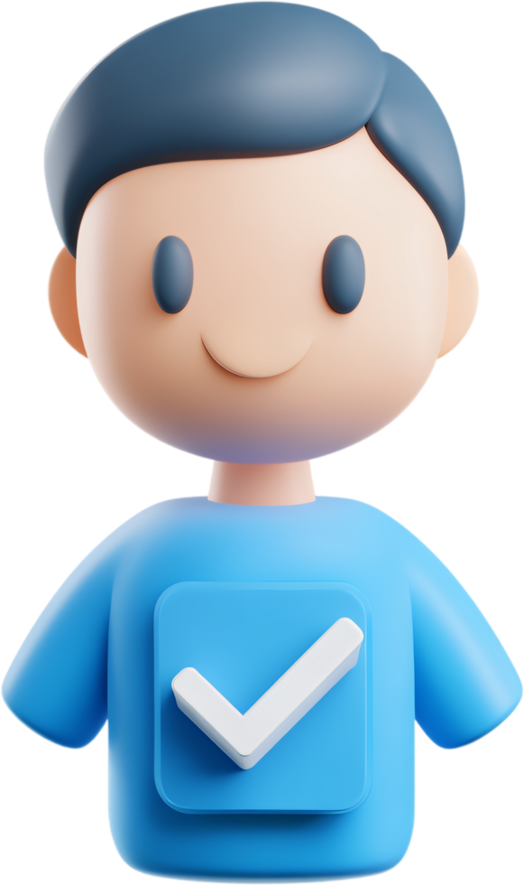 Stylized 3D rendering of a smiling cartoon character wearing a blue shirt with a white checkmark symbol, clean and modern design. png