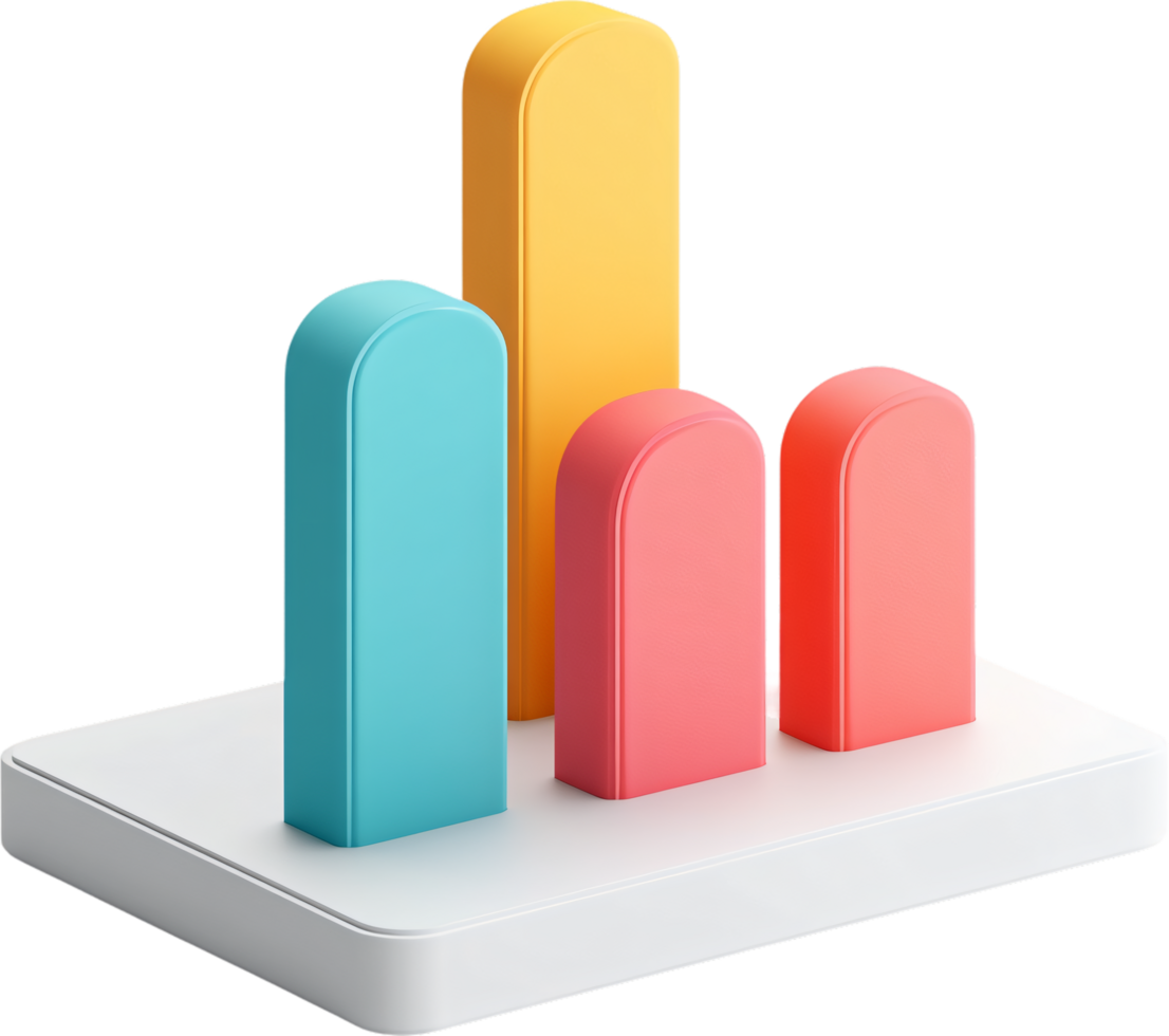 Vibrant bar chart visualization with blue, yellow, and red columns showing different data values and proportions on a white base. png