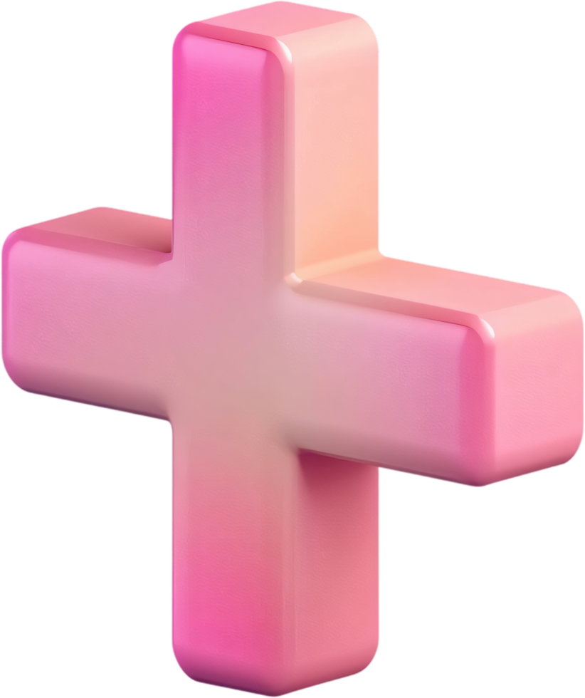 Stylized plus sign in shades of pink, peach and white. The sign appears to be floating and gives a sense of digital design. png