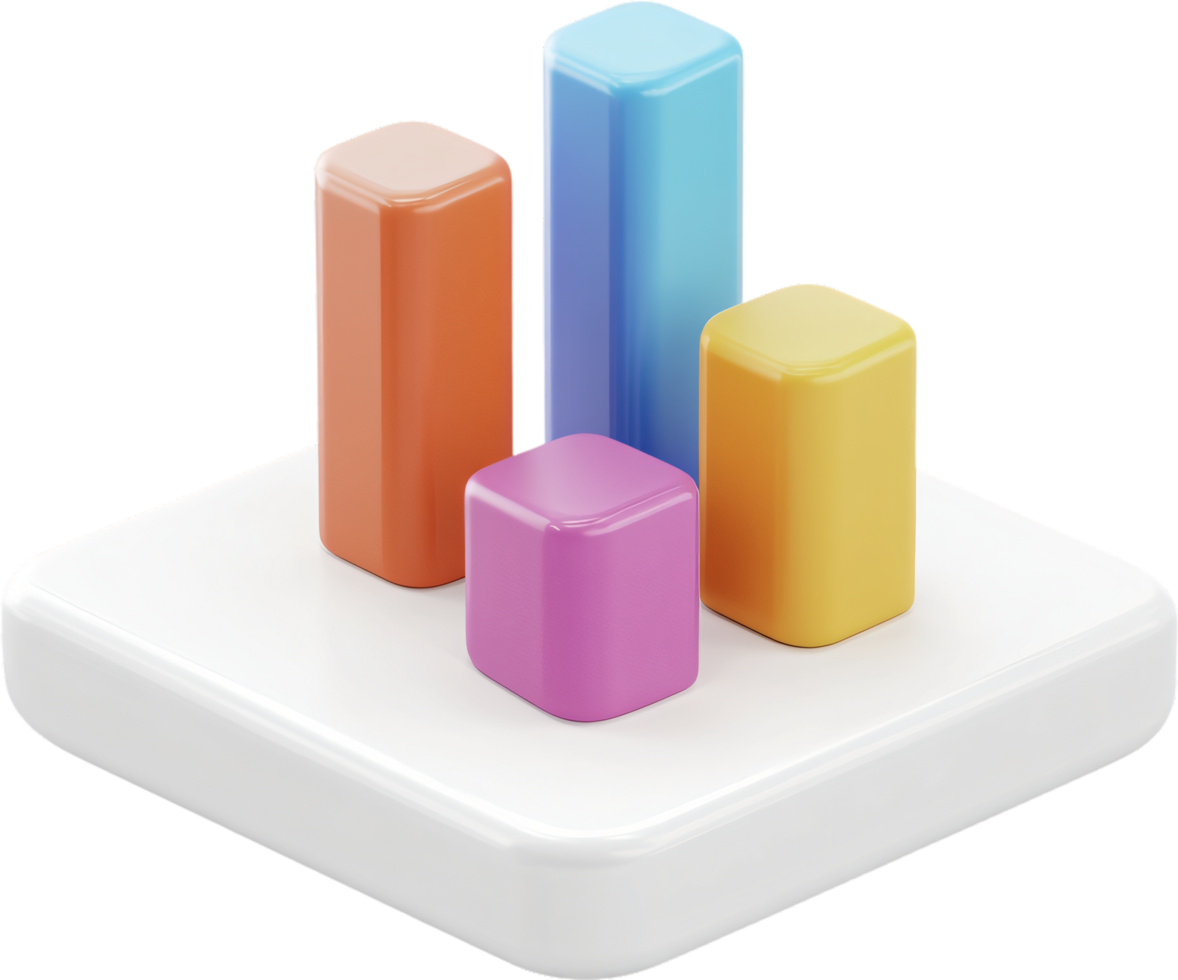 Colorful 3D bar graph on a white platform, symbolizing data visualization, progress, and insights, ideal for presentations. png