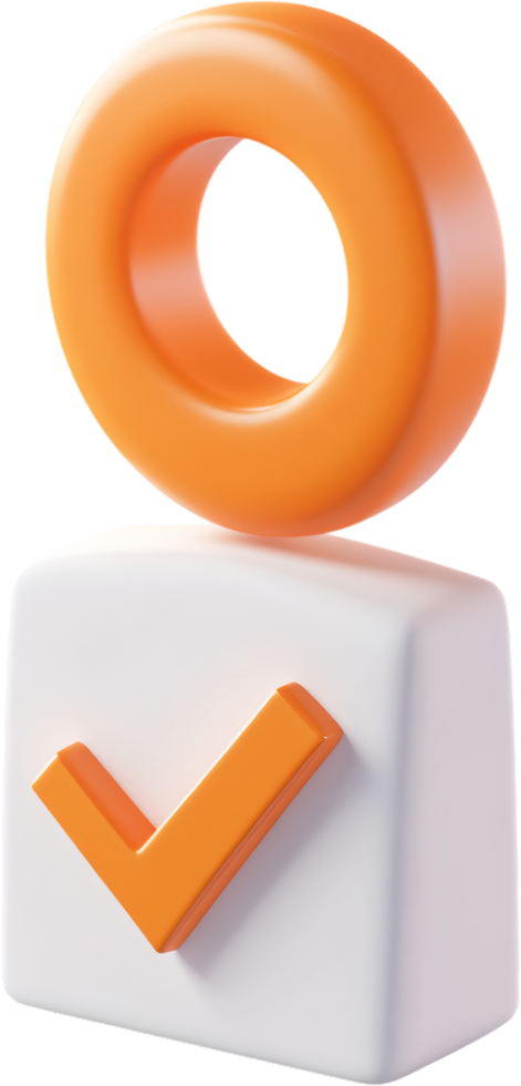 3D graphic of a white cube featuring an orange checkmark on its front, topped with a floating orange circle, simple yet effective design. png