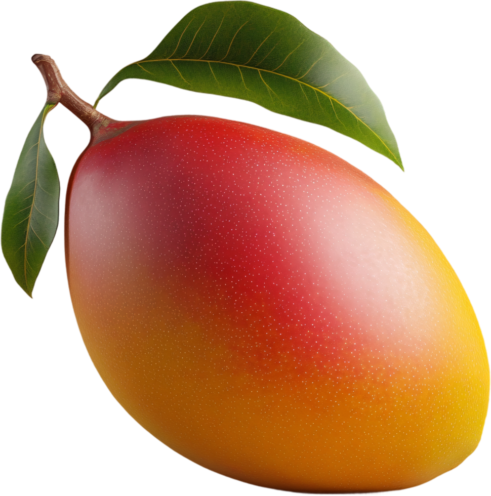 Vibrant mango fruit featuring smooth skin transitioning from red to yellow, complete with fresh green leaves and a stem against black backdrop. png