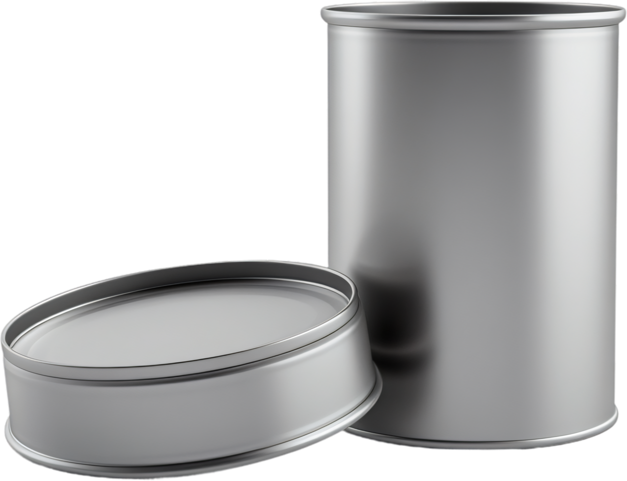 Shiny silver metal cans, one standing and one with lid off, set against a dark background, reflecting light with a modern aesthetic. png