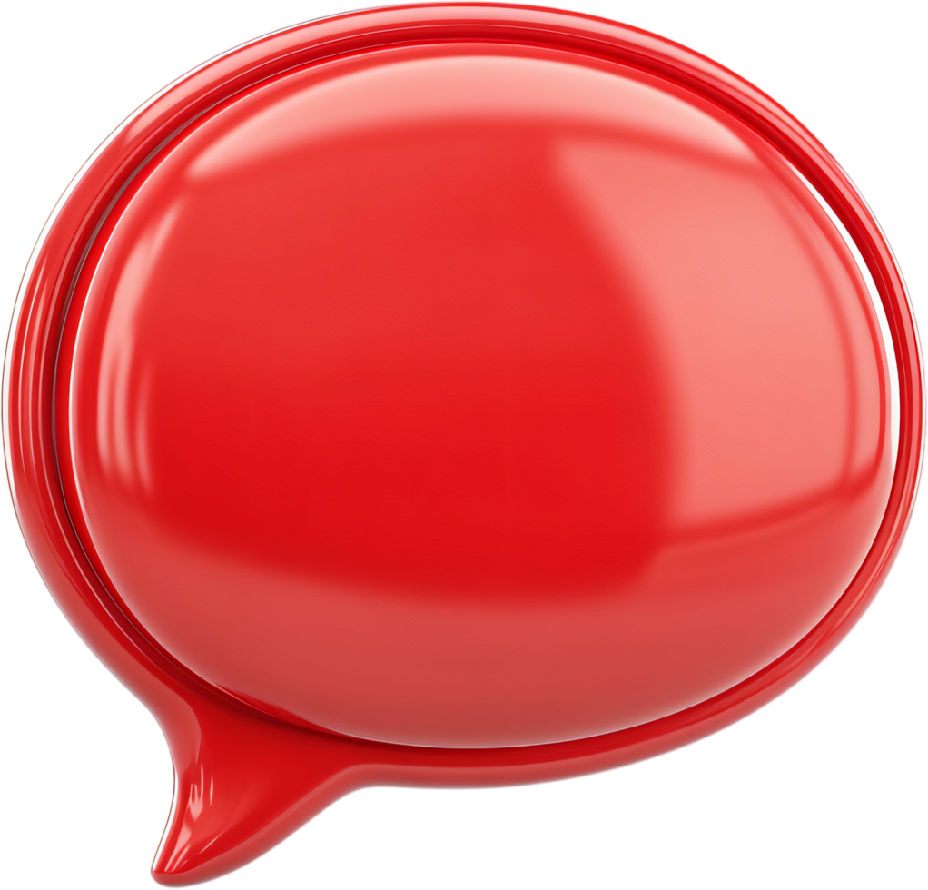 A vibrant red, 3D speech bubble icon, symbolizing communication and dialogue. Its glossy surface reflects light, adding depth and a modern feel. png