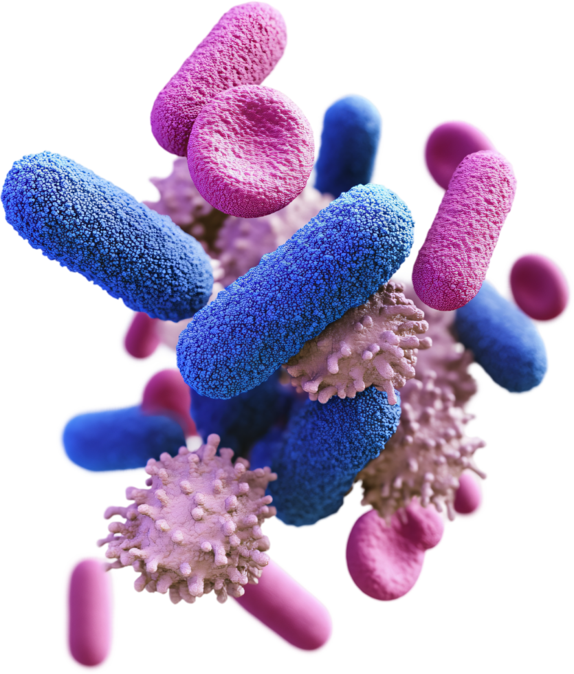 Microscopic organisms in vivid blue and pink, set against a contrasting backdrop. A detailed view of the unseen world. png