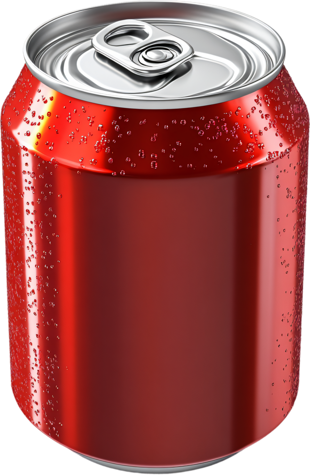 Refreshing cold beverage, condensation beads on a red metal can with a silver top and pull tab. Isolated on a transparent background. png