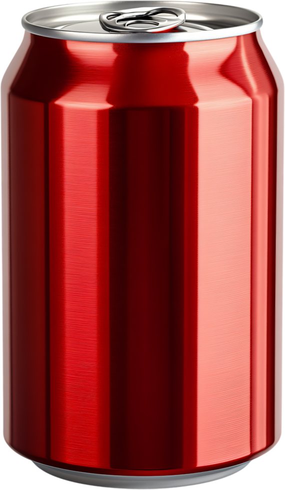 A vibrant red aluminum can stands tall, its sleek form reflecting light. Perfect for a cool beverage on a warm day. Stay refreshed. png