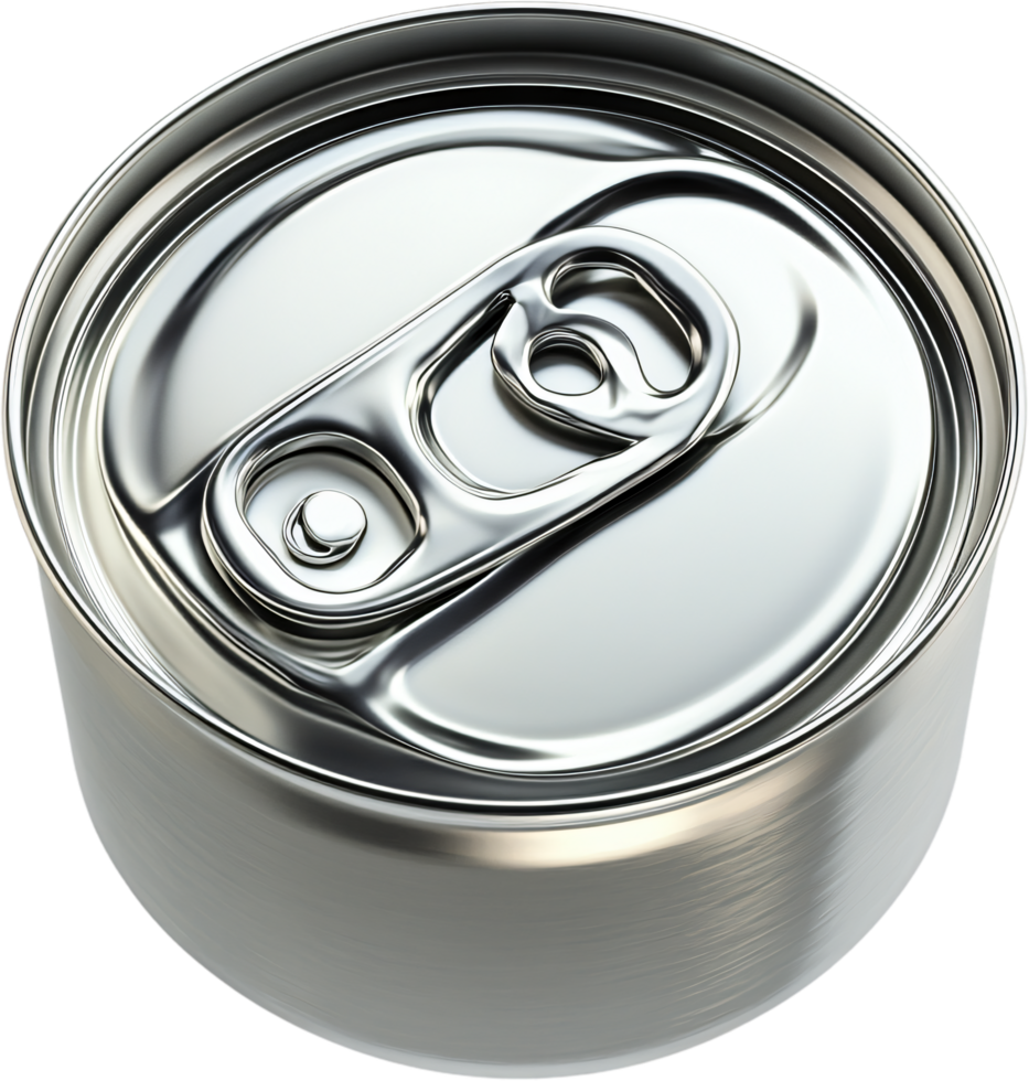 Shiny, unopened beverage can reflecting light with a pull tab, viewed from above in a studio setting. The can is silver and metallic. png
