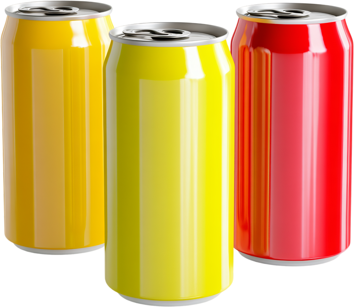 Vibrantly colored beverage cans in yellow and red, perfect for refreshment on a hot day, pop-top lids, and sleek aluminum design. png