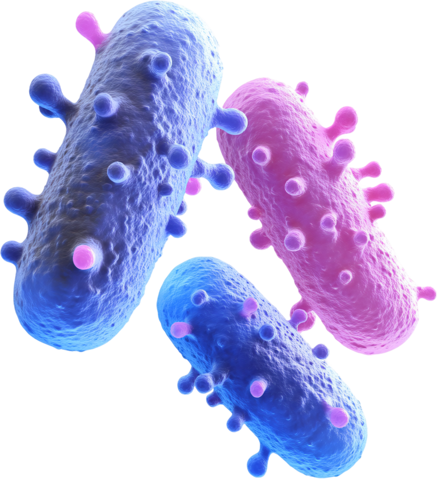Microscopic View. Three stylized, elongated bacteria cells with varying blue and purple hues displaying cell surface structures. png