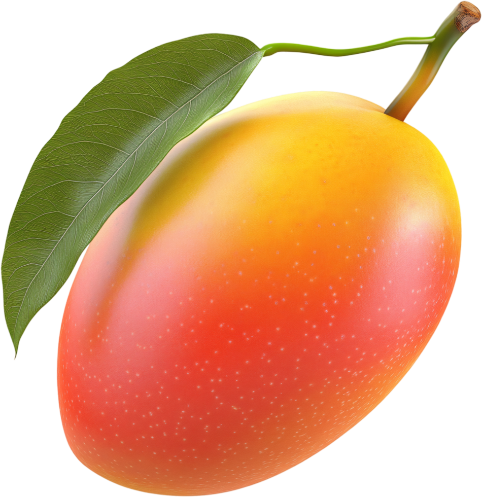 Vibrant and colorful mango fruit with a lush green leaf attached, showcasing the tropical essence and natural freshness of the fruit. png